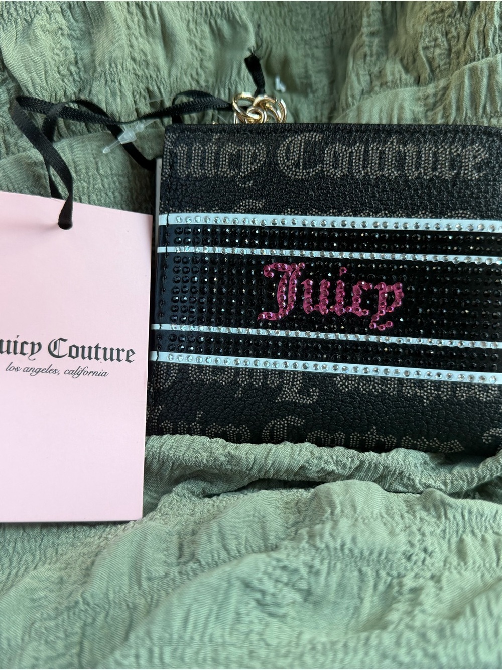 Juicy Couture Black Wallet with Pink Rhinestone Logo and Light Blue Accents